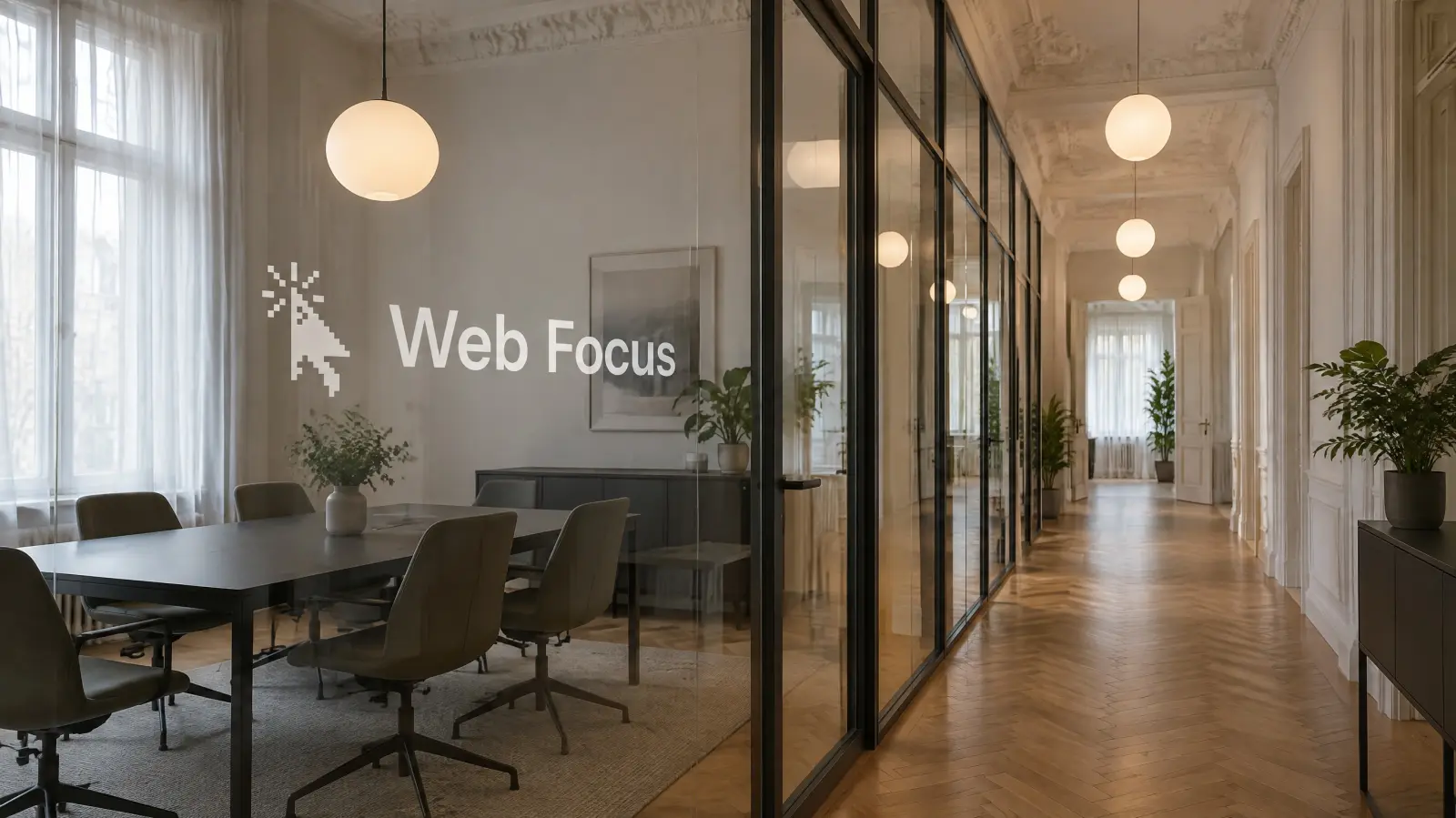 Besprechungsraum mit Web-Focus-Logo auf der Glaswand, daneben ein Altbau-Flur mit Fischgrätparkett